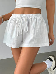 Women's Solid Color Drawstring Waist Casual Shorts All-Season High-Waisted