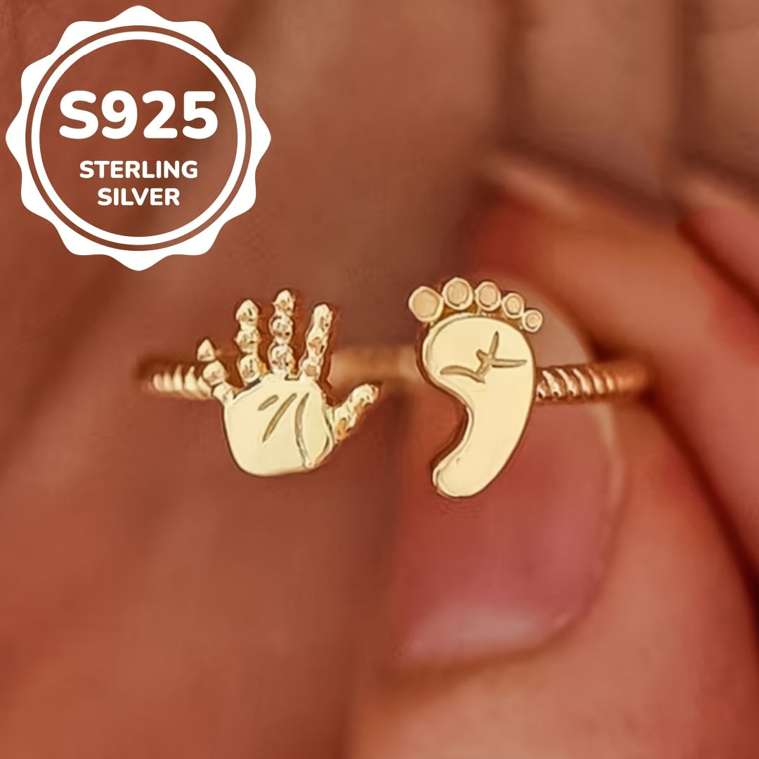 Sterling Silver Vintage Style Adjustable Open Ring with Palm and Foot Design for Women