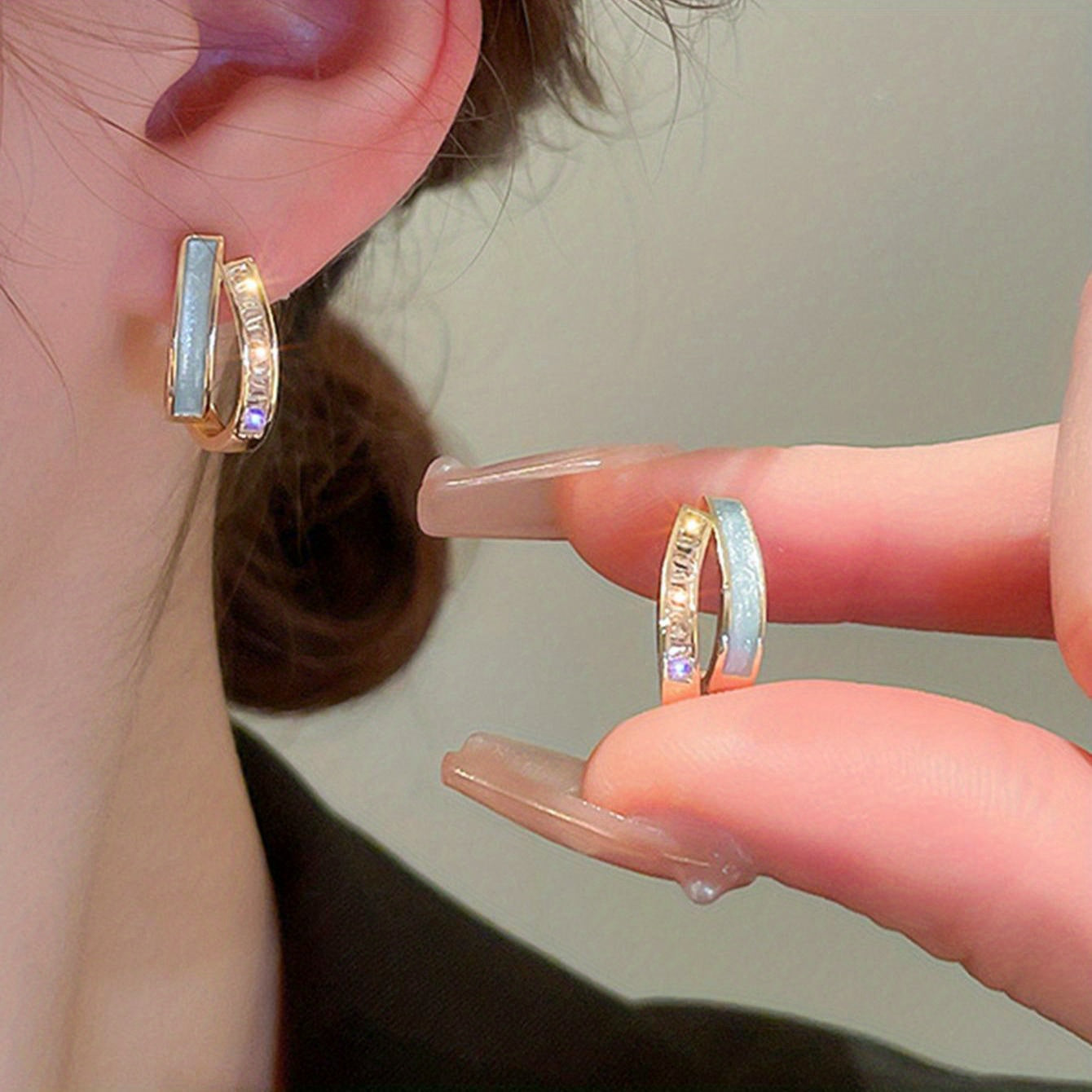 Ayollar uchun ikki qatlamli C-shaklidagi stud uzuklar, 18K oltin qoplangan kumush, zirkoniy