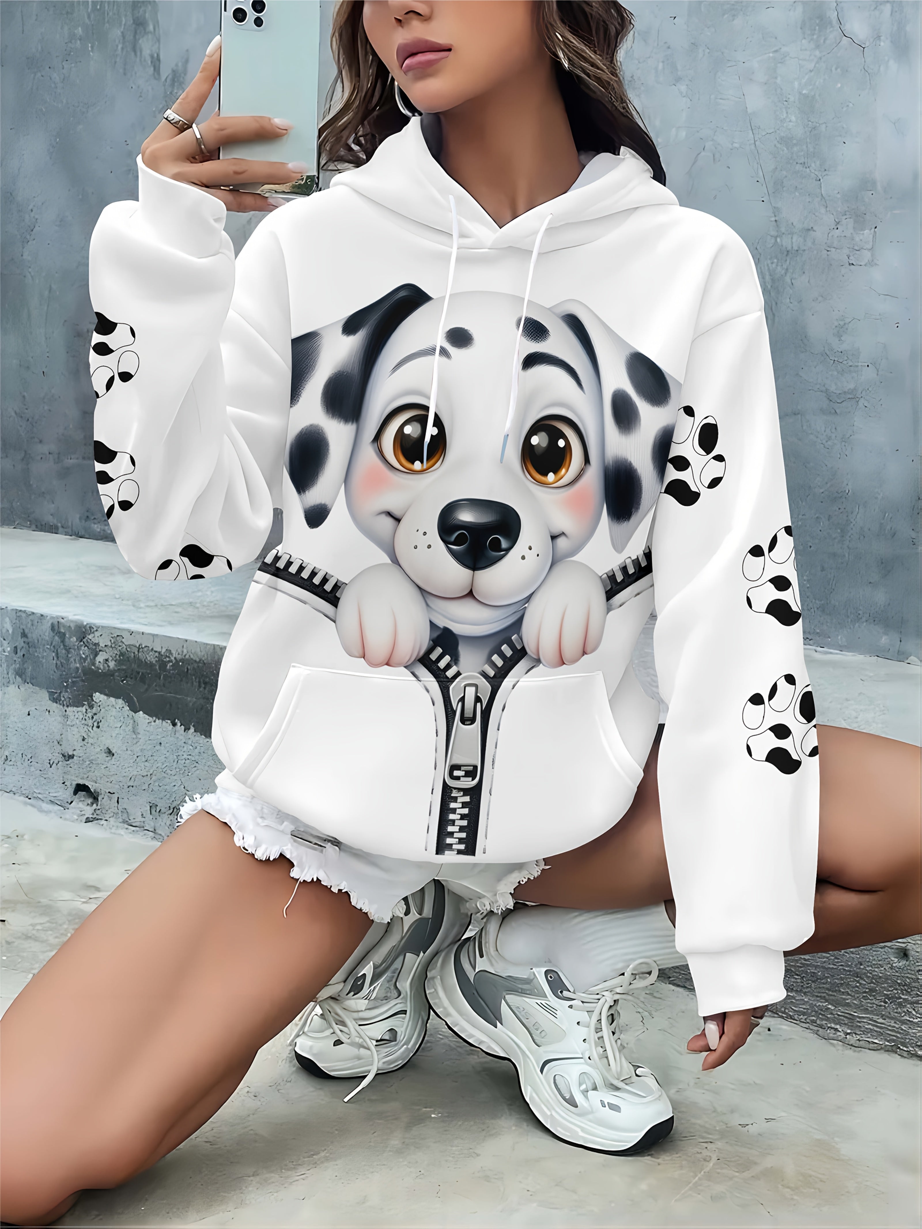 Women’s White Dog Print Hoodie Casual Plus Size Pullover with Drawstring