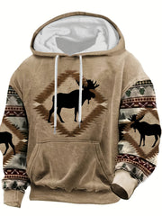 Erkaklar uchun vintage moose printli fermuarlı kapüşon, ipli bo'yin, geometrik naqshli yenglar, polyester aralashmasi, kuz va qish ko'cha kiyimlari, dam olish kiyimlari uchun mukammal, spandeks qulayligi, katta o'lcham.