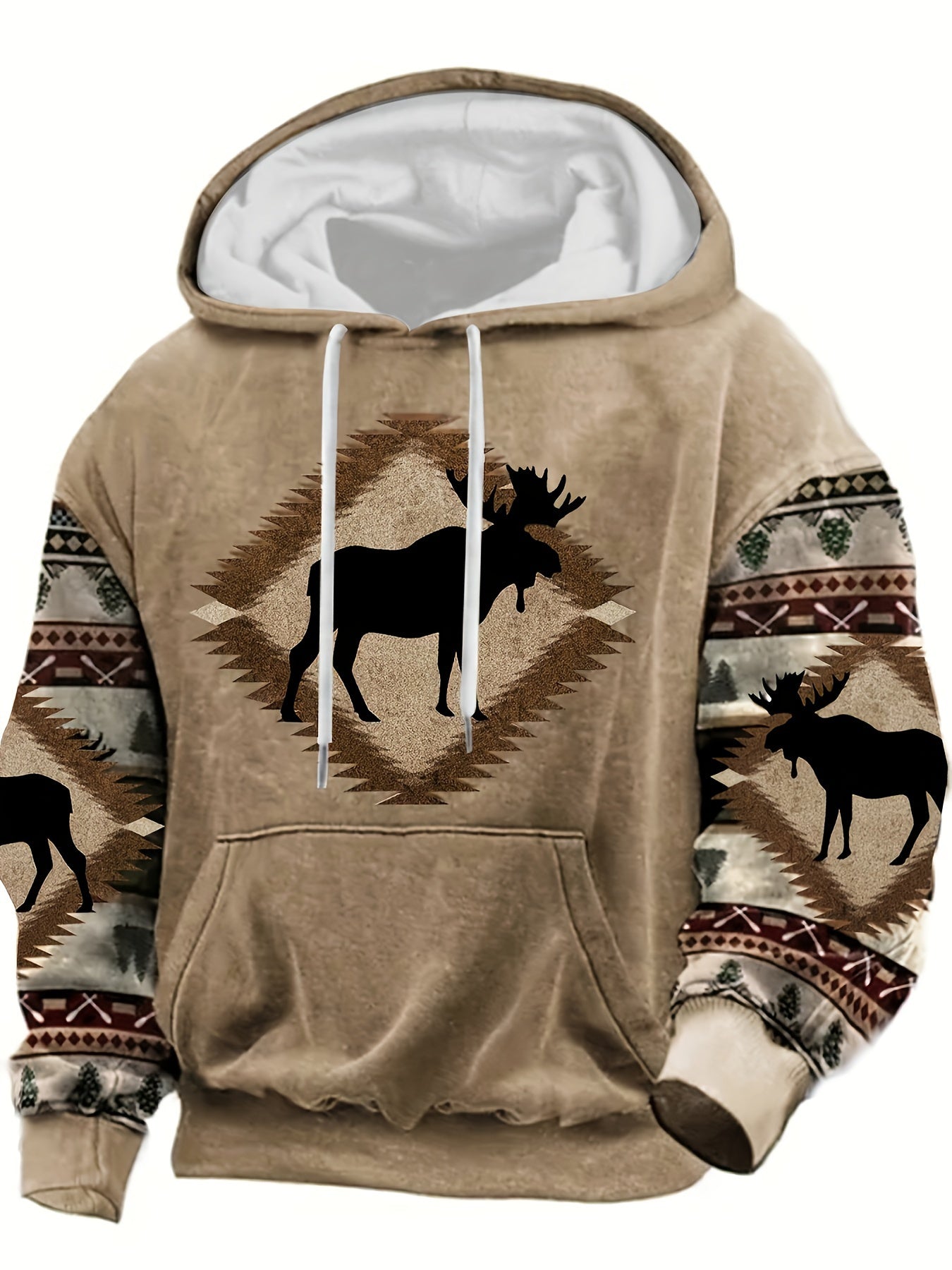 Erkaklar uchun vintage moose printli fermuarlı kapüşon, ipli bo'yin, geometrik naqshli yenglar, polyester aralashmasi, kuz va qish ko'cha kiyimlari, dam olish kiyimlari uchun mukammal, spandeks qulayligi, katta o'lcham.