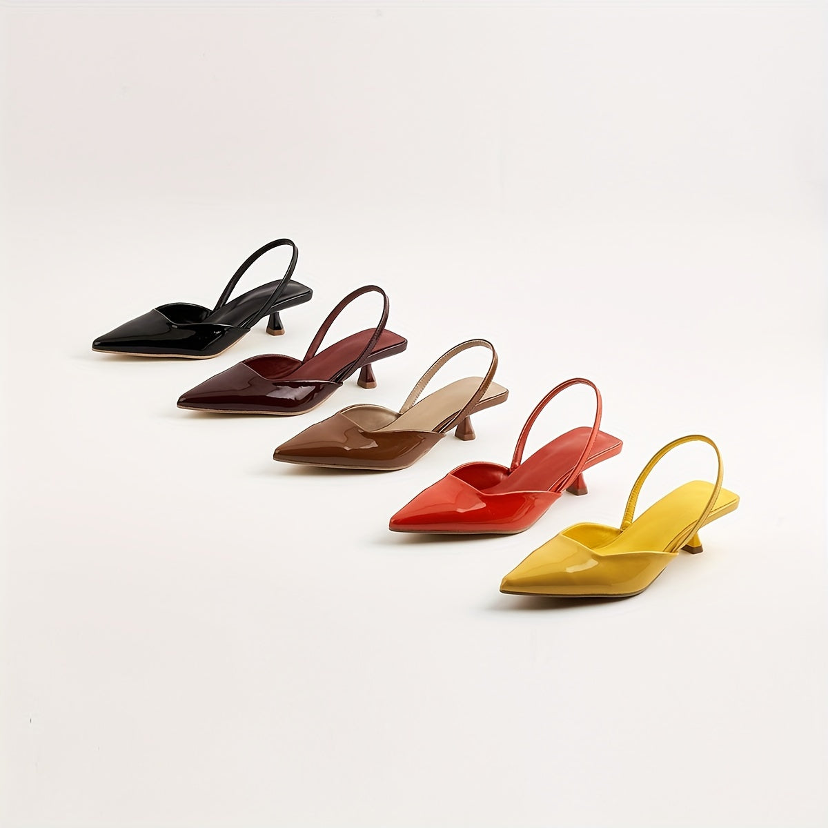 Women's Faux Leather Kitten Heel Pumps with Pointed Toe and Ankle Strap in Black Burgundy Red Yellow