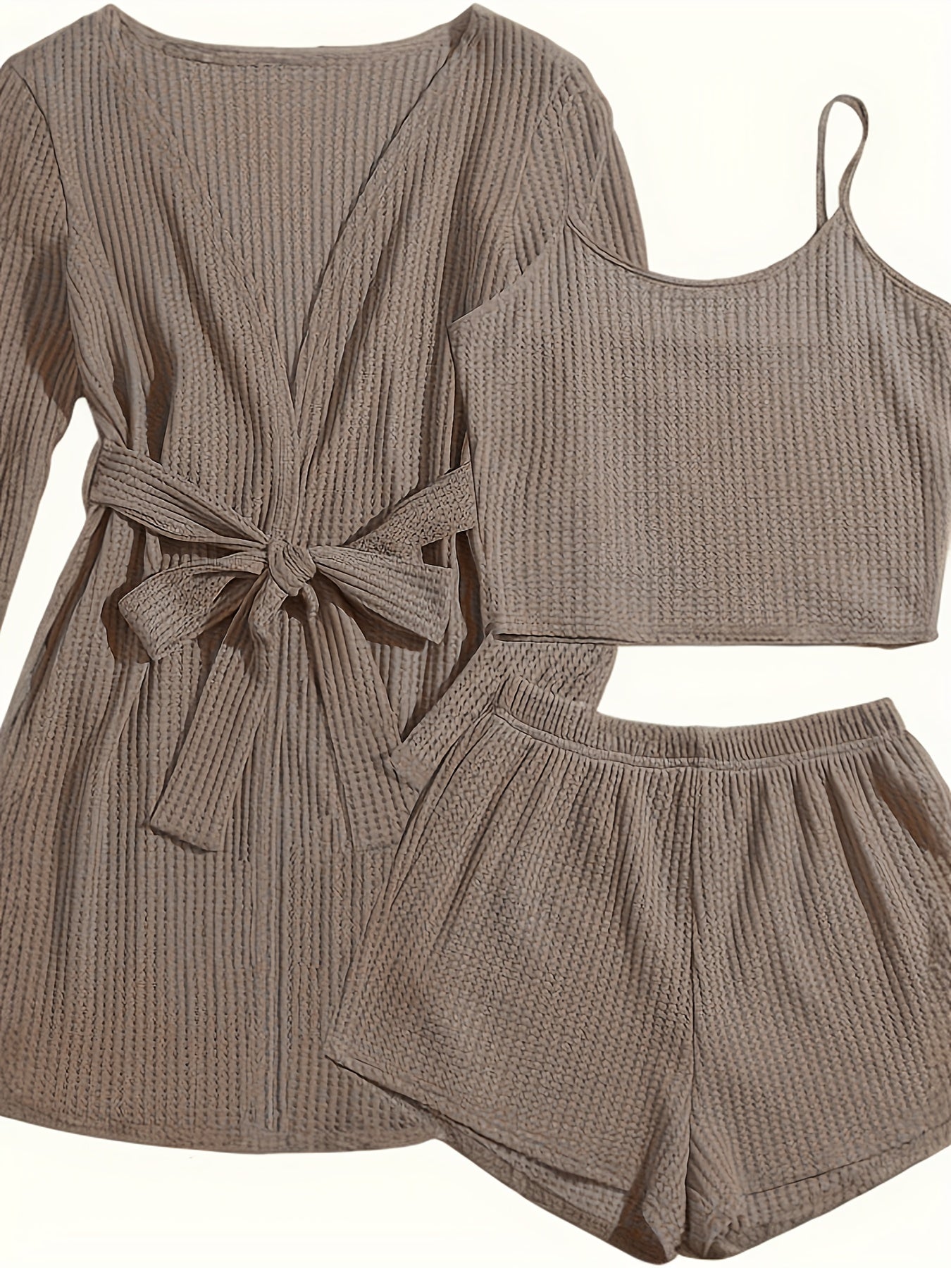 Women's Waffle Lounge Set with Robe, Crop Top, Shorts for Summer Home Wear