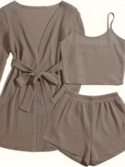 Women's Waffle Lounge Set with Robe, Crop Top, Shorts for Summer Home Wear