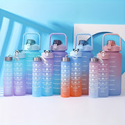 Set de botellas de agua con gradiente de 2L, libres de BPA, a prueba de fugas, con marcador de tiempo, pajilla, tapa con cierre para acampar y fitness