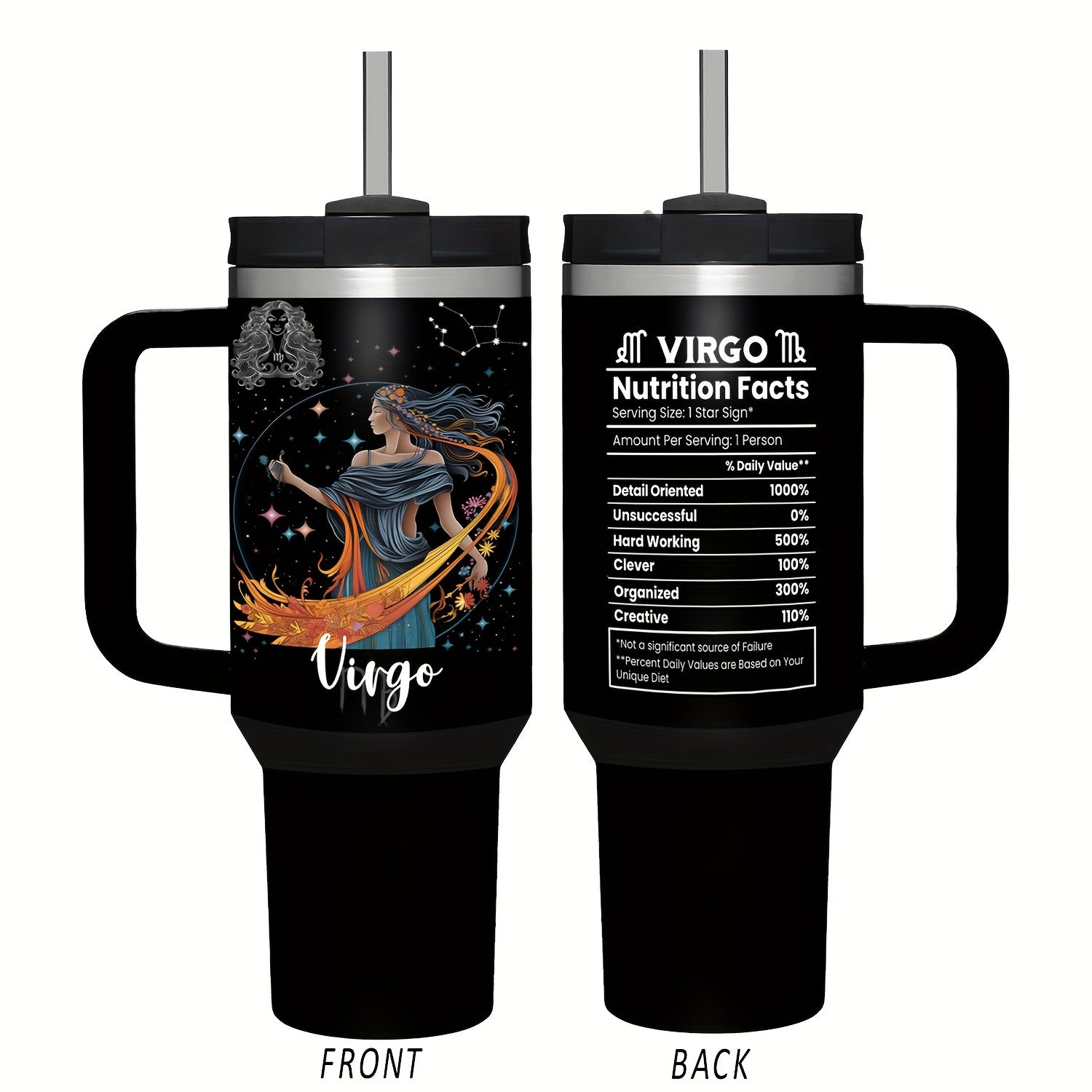 Vaso de acero inoxidable Zodiac de 40oz con asa y pajilla, a prueba de fugas, libre de BPA, taza de café de astrología para hombres y mujeres