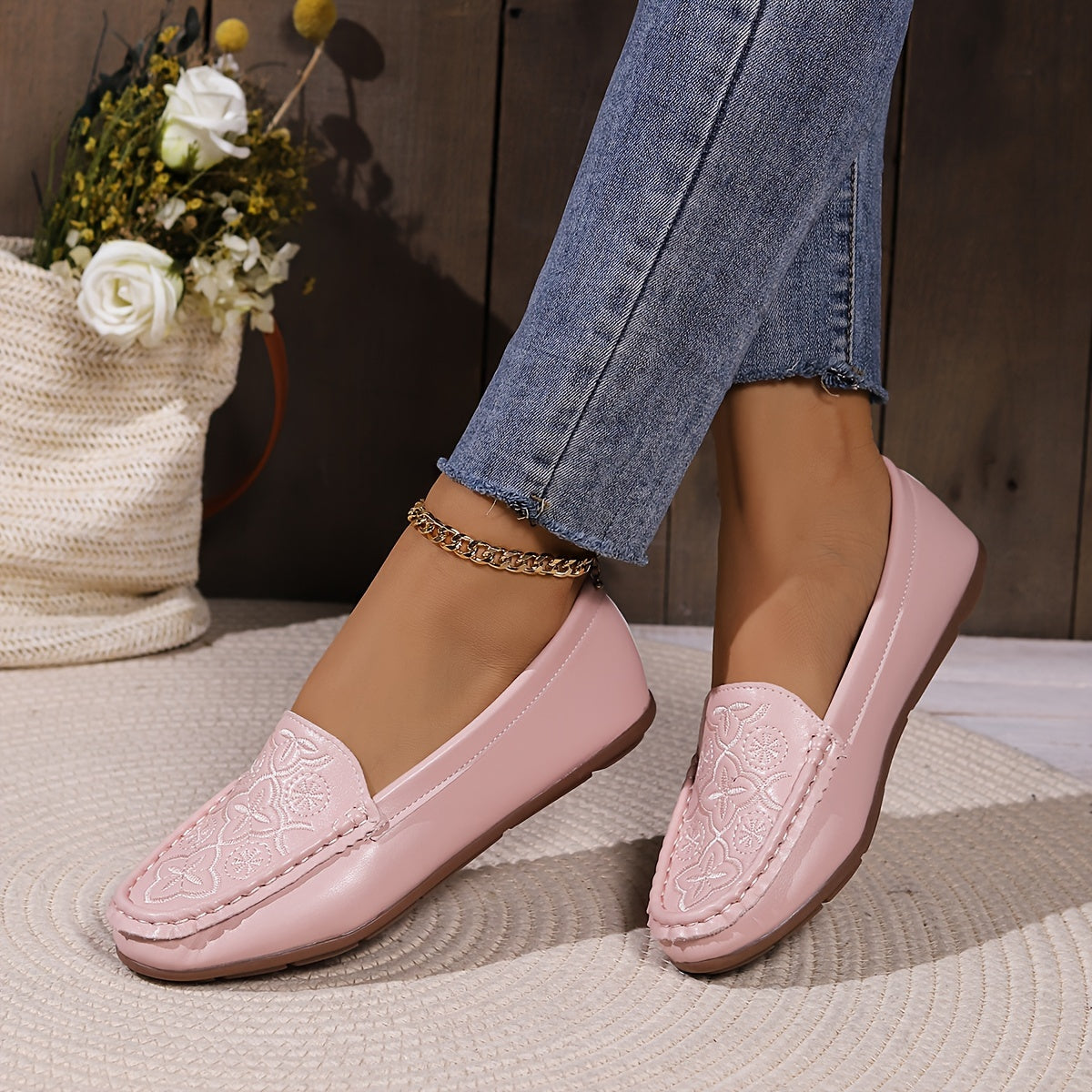 Women's Floral Pattern Loafers Casual Slip-On Flats All-Match