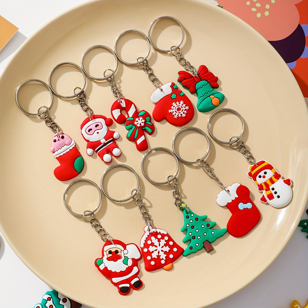 Christmas Keychain Set 46 Pieces PVC Cartoon Characters Santa Snowman Tree Car Key Rings