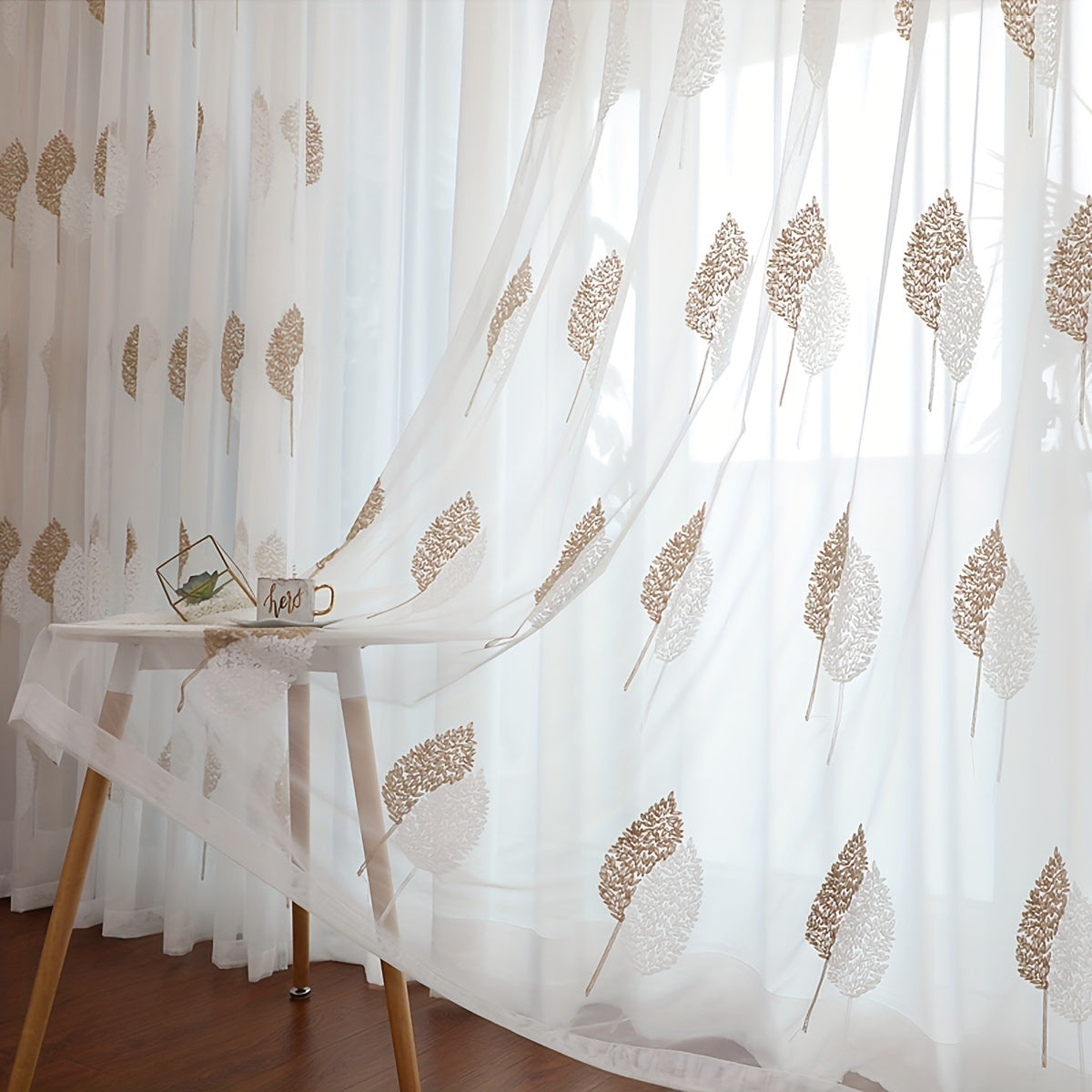 Sheer Leaf Embroidered Curtain with Rod Pocket for Living Room or Bedroom