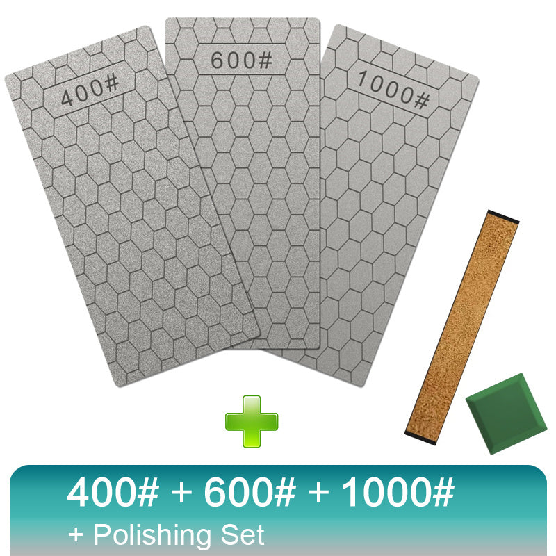 3-4 dona olmos pichoq silliqlash uchun to'plam, qum toshlari, burchak qo'llanma va silliqlash asbobi bilan