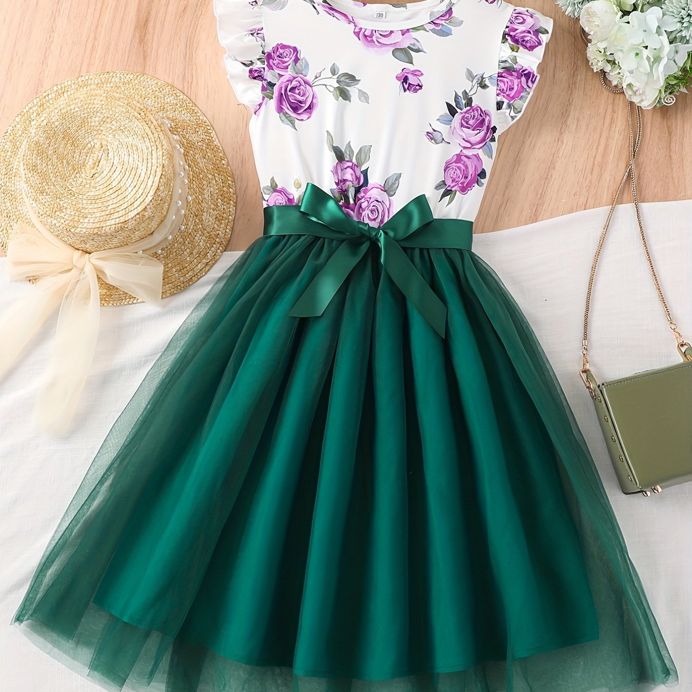 Girls Summer Floral Dress with Spaghetti Straps and Bow Detail
