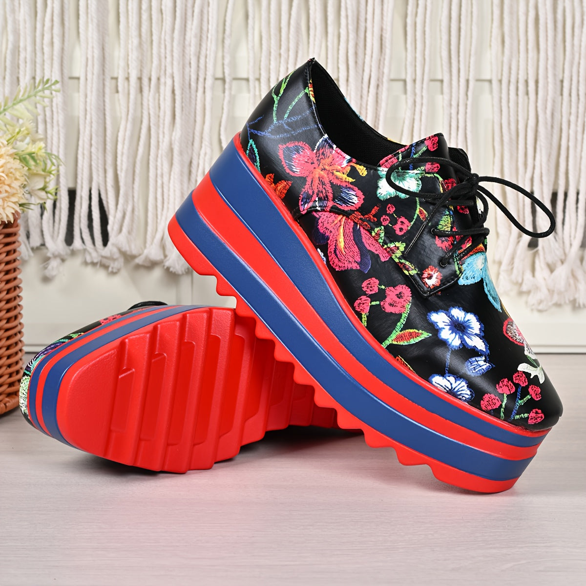 Women's Floral Lace-Up Shoes Synthetic Cover Thick Platform Sole All-Season Comfortable