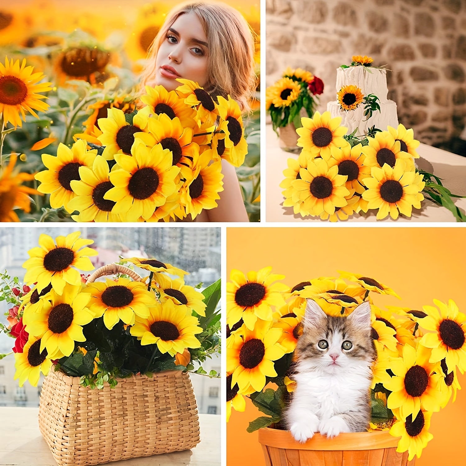 Artificial Sunflower Bunches with Stems UV Resistant Plastic Outdoor Garden Decor Set of 4