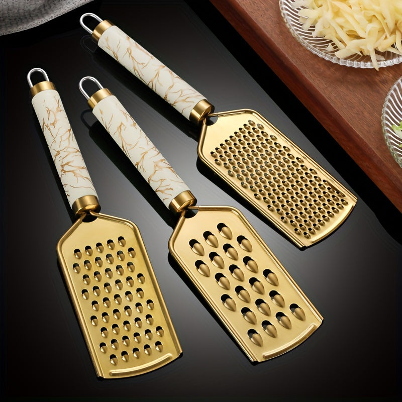 Stainless Steel Kitchen Grater for Shredding Food with Safe Handle and Gold Finish