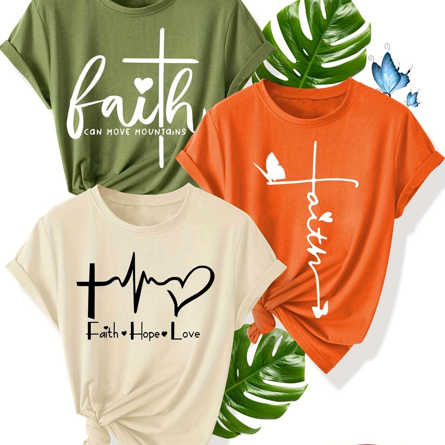 Pack de 3 camisetas gráficas de fe para mujer de manga corta con cruz y corazón para verano casual