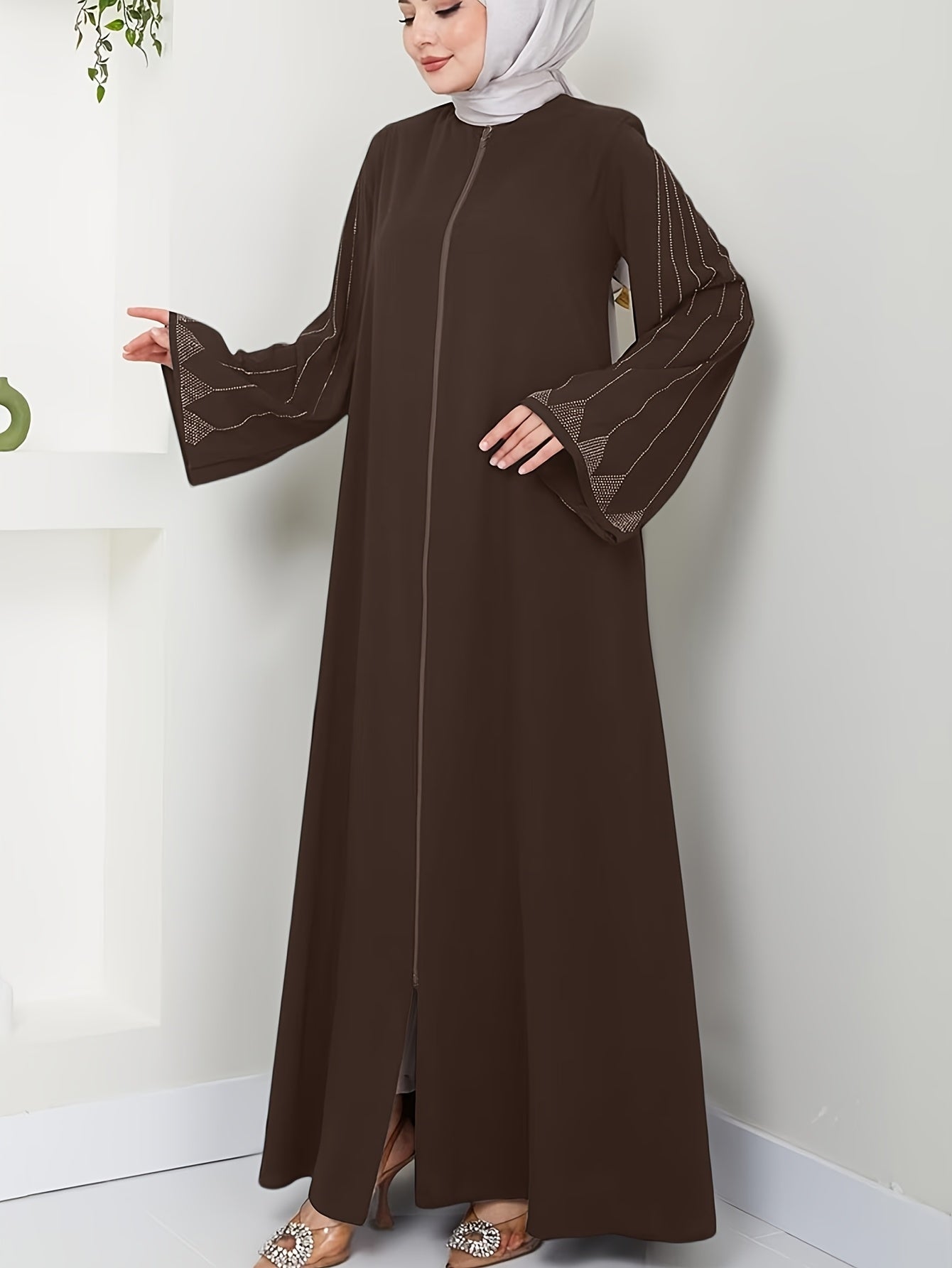 Brown Rhinestone Embellished Abaya for Muslim Women Long Sleeve Polyester Dress