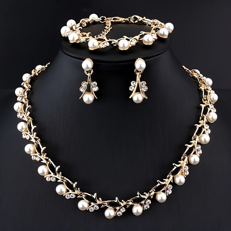 Women’s Gold-Plated Jewelry Set with Imitation Pearls Necklace and Earrings