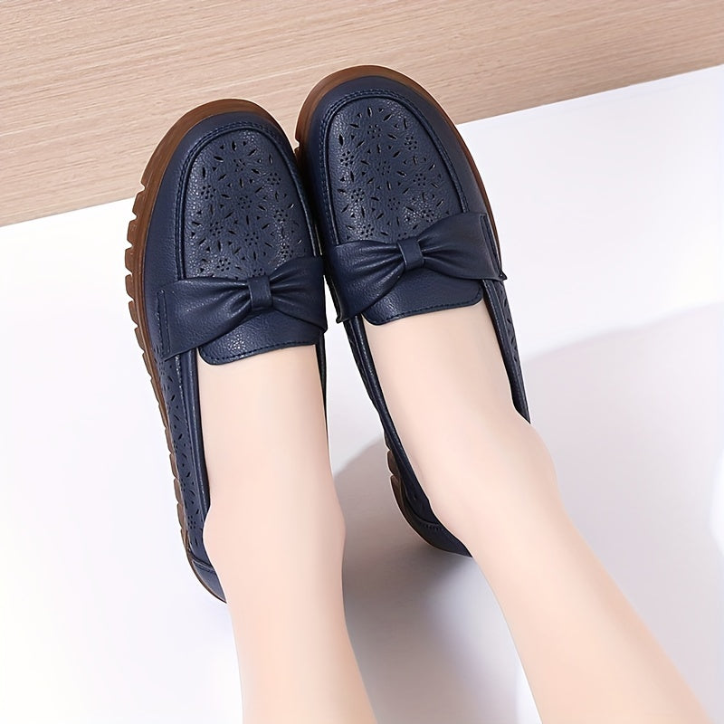 Women's Breathable Closed Toe Flat Shoes with Hollow Out Design and Bow