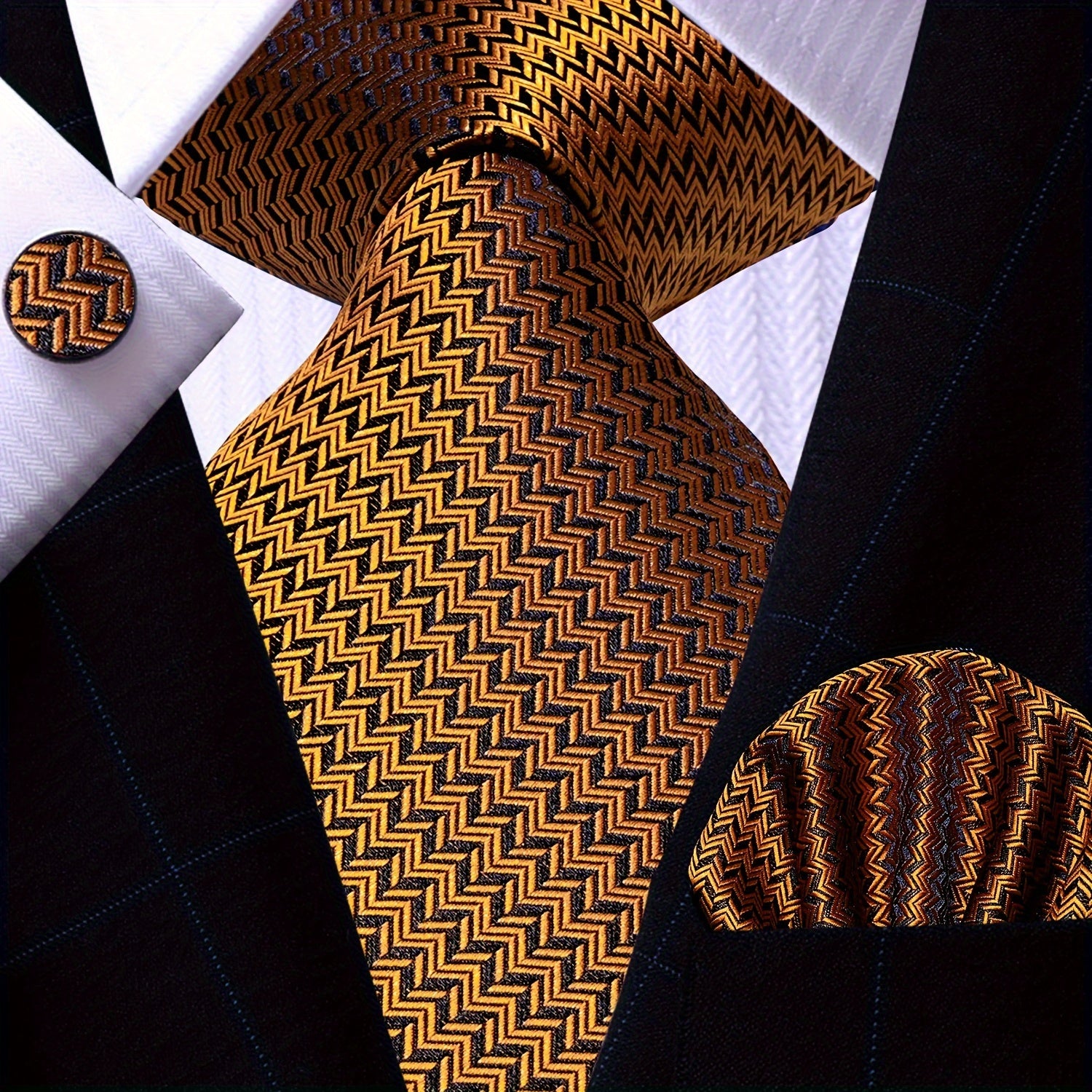 Men's Gold Accessories Set Tie Pocket Square Cufflinks for Weddings Business