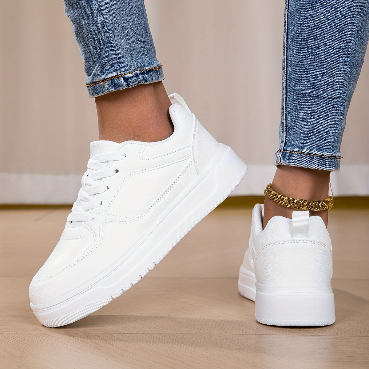 Women's White Low-Top Casual Sneakers Synthetic Fabric Cushioned Sole
