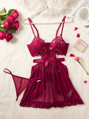 Red Lace Bow Tie Lingerie Set with Matching Thong in Burgundy