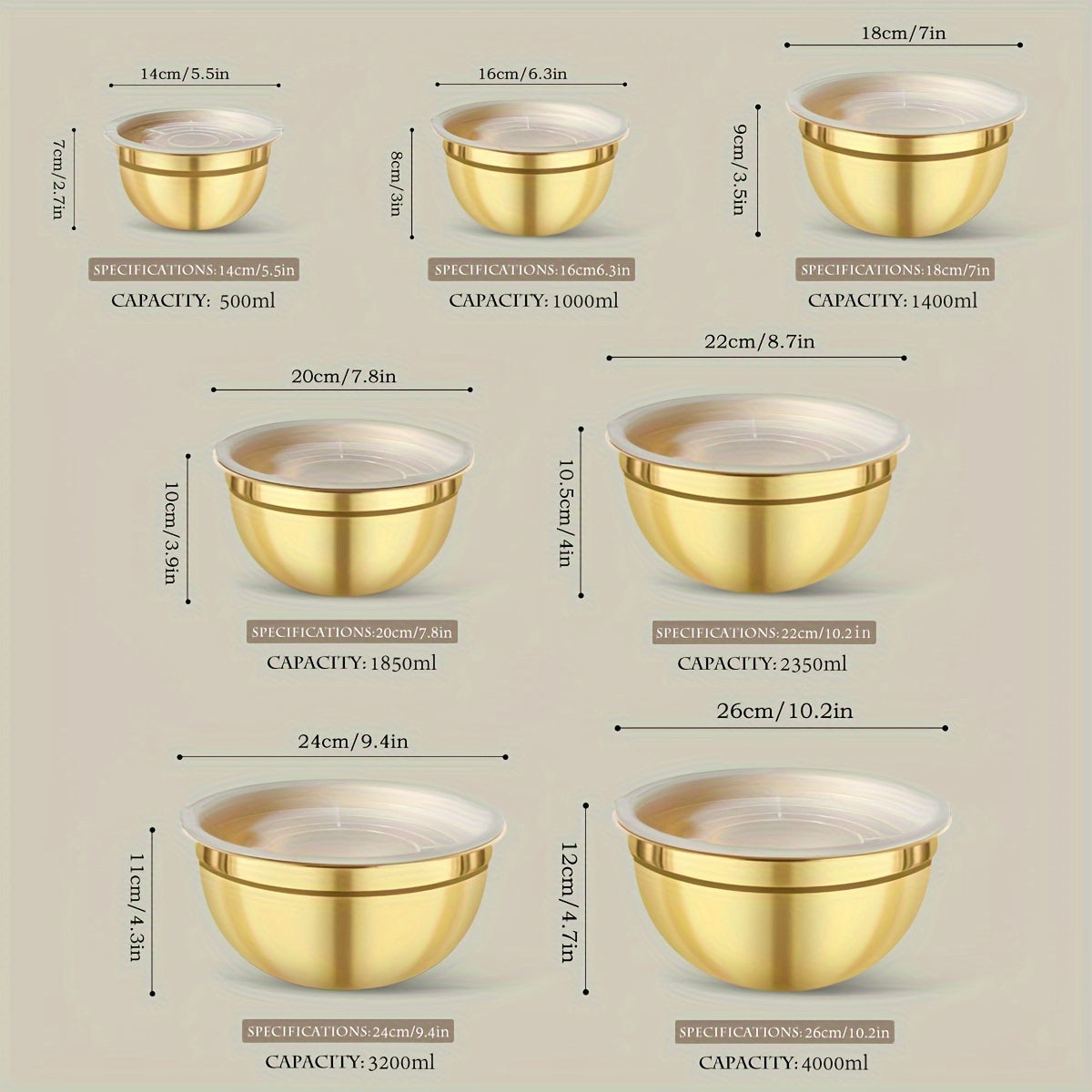 Stainless Steel Mixing Bowl Set with Lids, Gold, Various Sizes, Dishwasher Safe