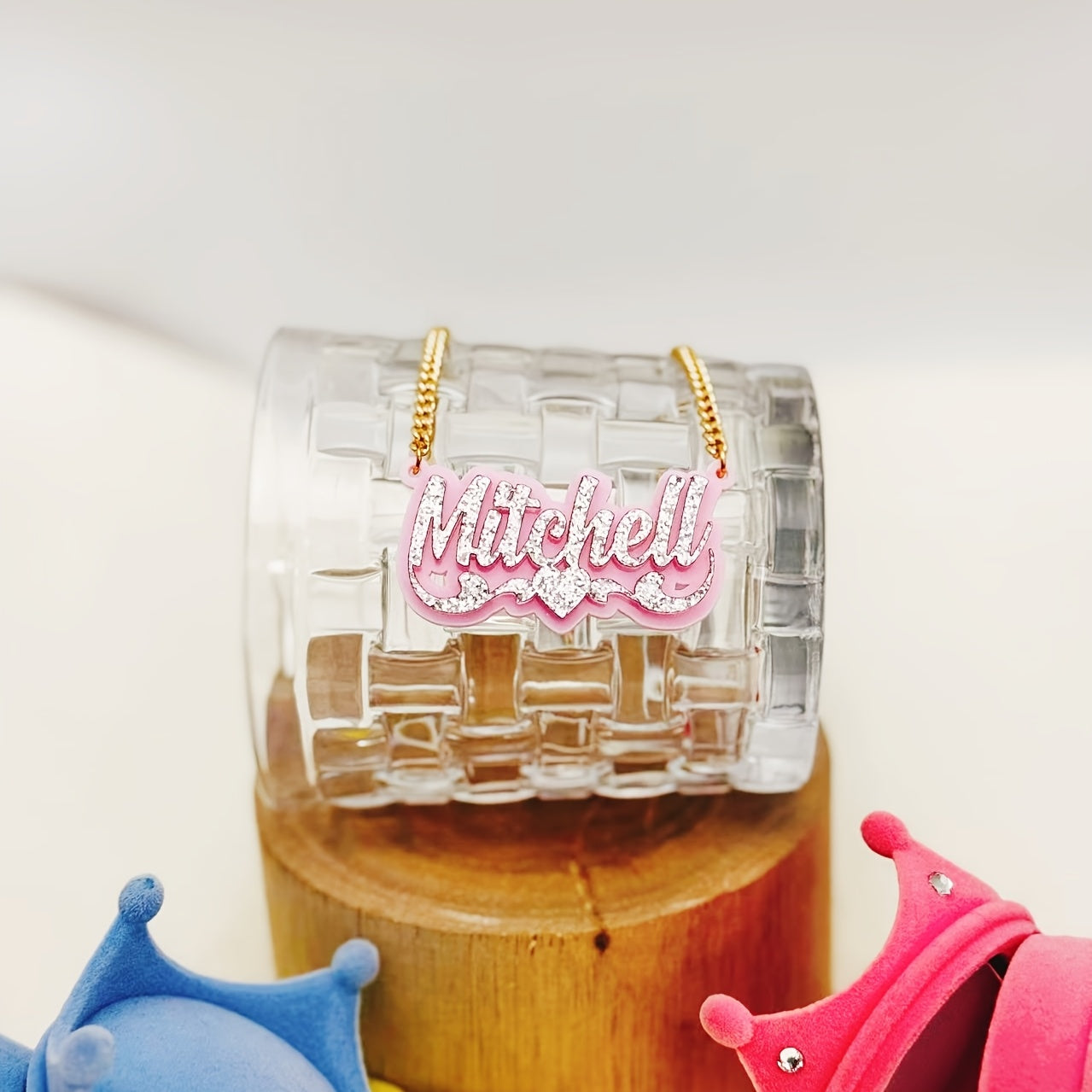 Personalized Acrylic Name Necklace with Heart Lace and Custom English Nameplate in Multiple Colors