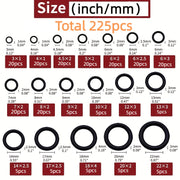 225-Piece O-Ring Assortment Set for Automotive Machinery Oil Water Resistant Rubber