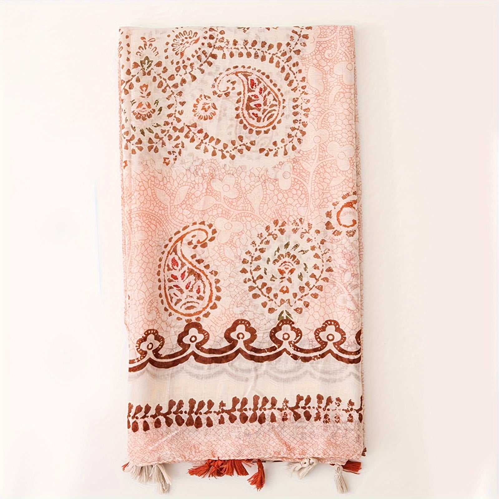 Women’s Boho Linen Tassel Shawl Pink Printed Lightweight Scarf Windproof Sun Protection