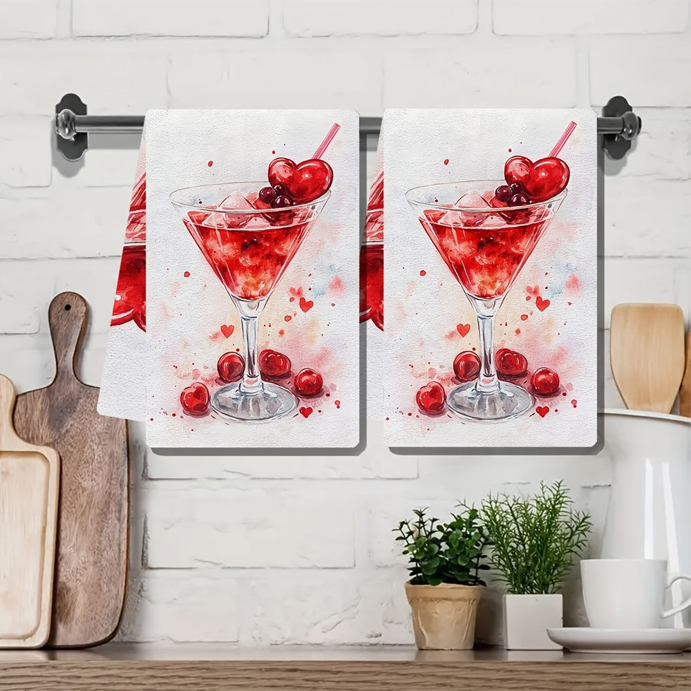 Set of 2 Ultra Soft Kitchen Towels Cherry Cocktail Design 40x60cm Absorbent