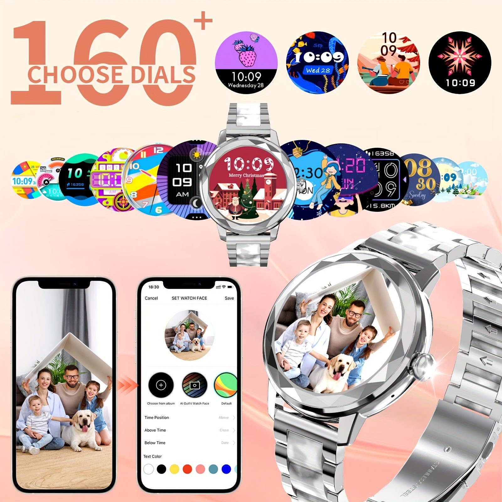 1.2 dyuymli ekranli, qo'ng'iroq, xabar bildirishnomalari, ob-havo, kaloriya hisoblagichi, musiqa, sport rejimlari bilan jihozlangan, iPhone/Android bilan mos keladigan hashamatli ayollar soati, ayollar uchun ideal 14-fevral sovg'asi.