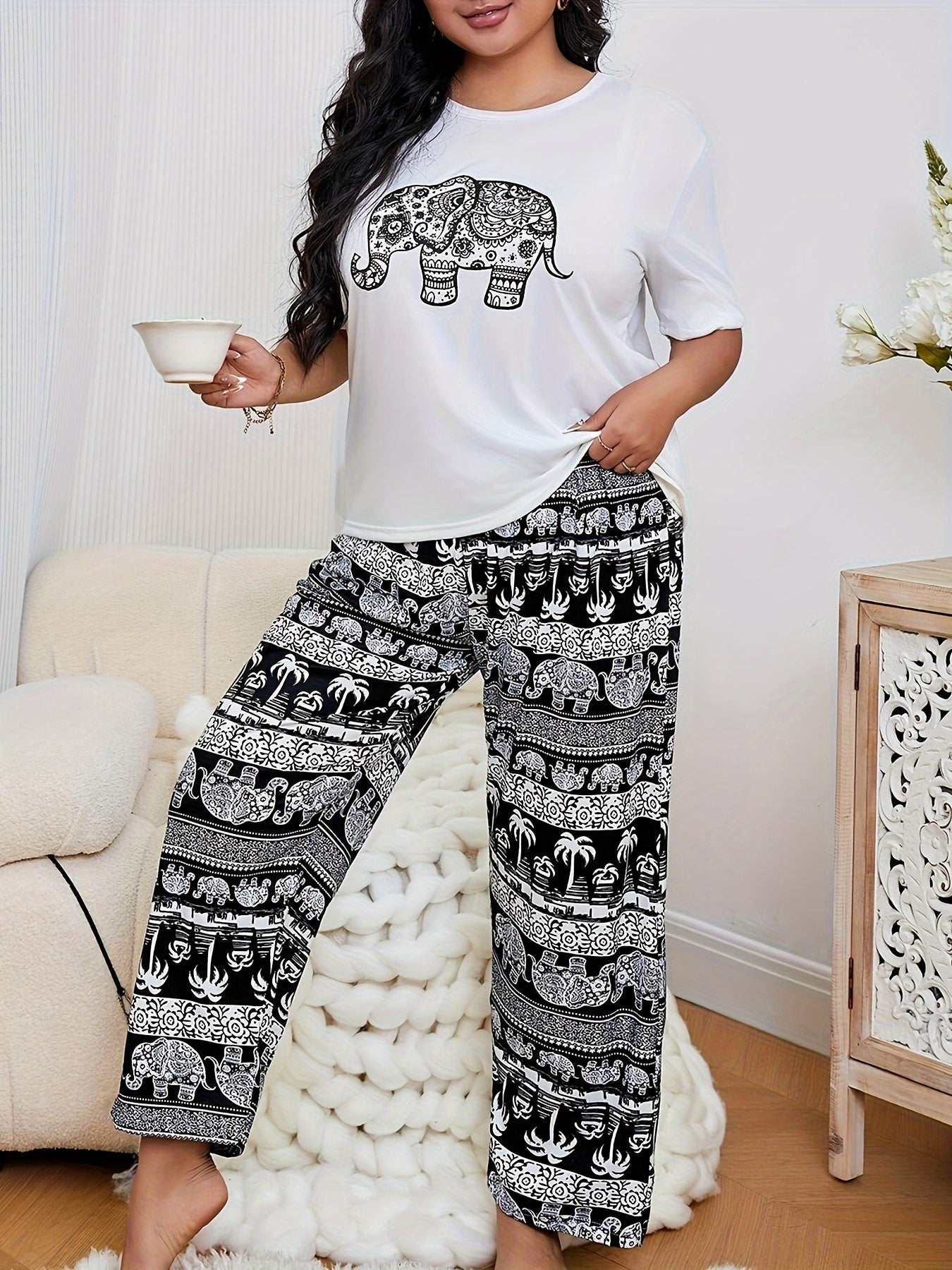 Baby Girl White Cotton Short Sleeve Top and Long Pants Pajama Set