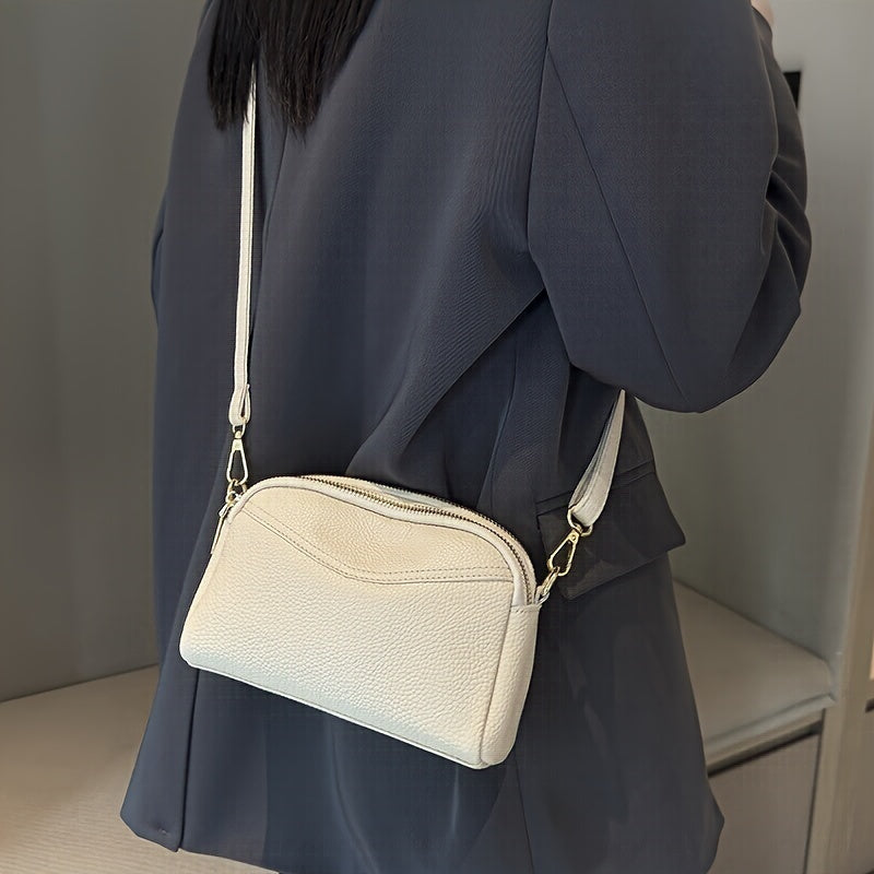 Women's Genuine Leather Crossbody Bag Solid Color Zipper Closure Adjustable Strap Polyester Lining Black White