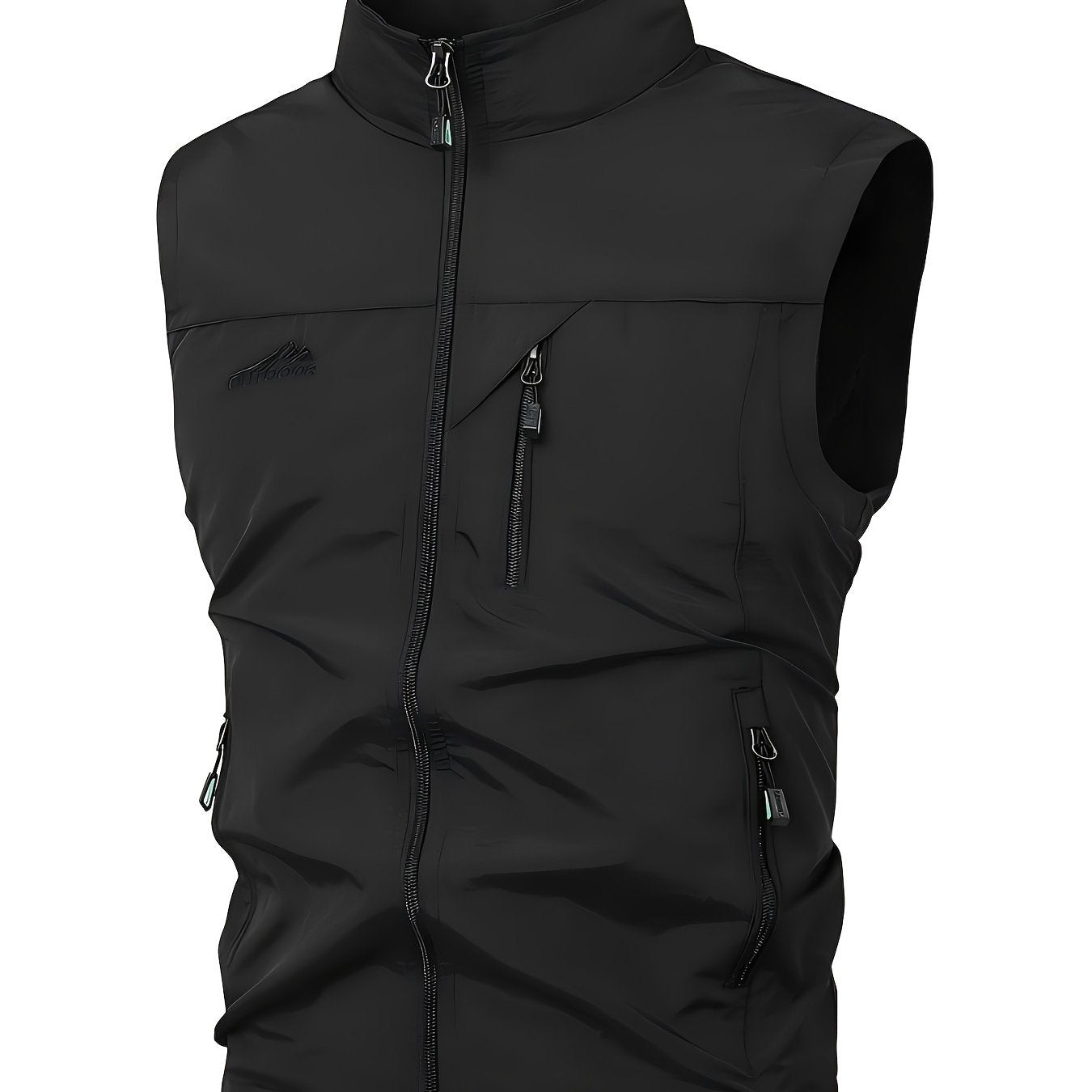 Men's Black Woven Polyester Sleeveless Vest with High Collar and Multiple Zipper Pockets for Outdoor Activities