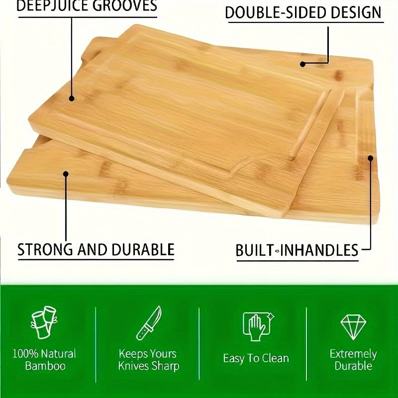 Set of 3 Bamboo Cutting Boards with Juice Grooves, Durable, Easy Handle
