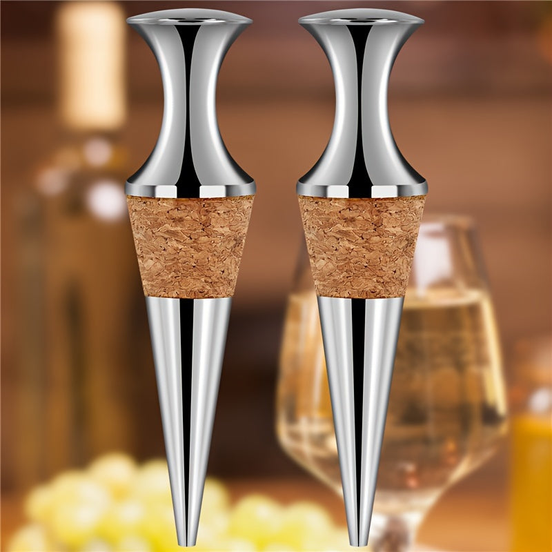 Tapones de vino plateados con tapones de madera, set de dos para conservación de botellas