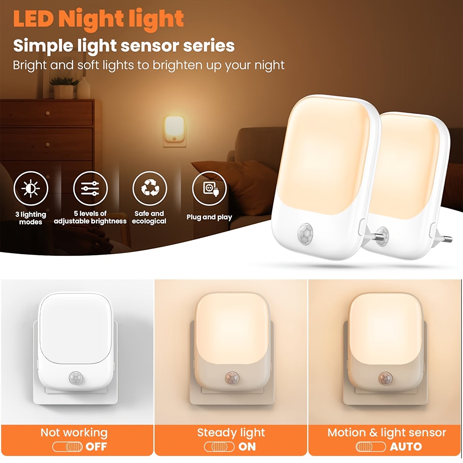 Motion Sensor Night Light Socket with 5 Brightness LED Warm White Wall Mount Hallway Kitchen