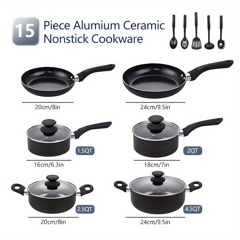 15-Piece Nonstick Cookware Set with Ceramic Finish Aluminum Soup Pot Frying Pans