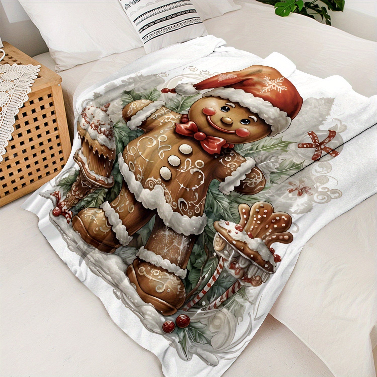 70x100cm Rustic Gingerbread Man Throw Blanket Soft Warm Polyester Flannel Digital Print All-Season