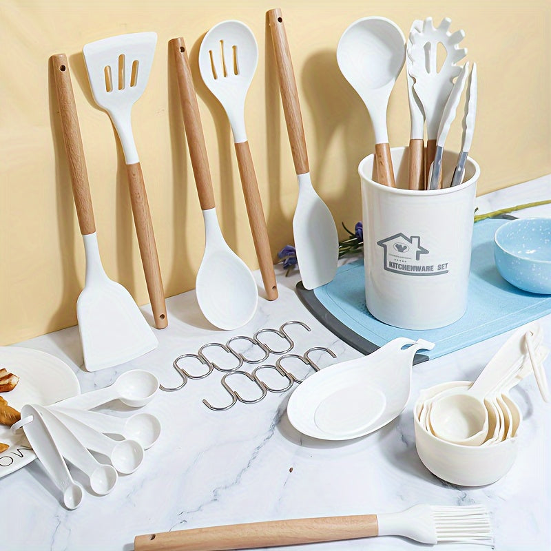 38-Piece Silicone Utensil Set with Wooden Handles Non-Stick Kitchen Gadgets
