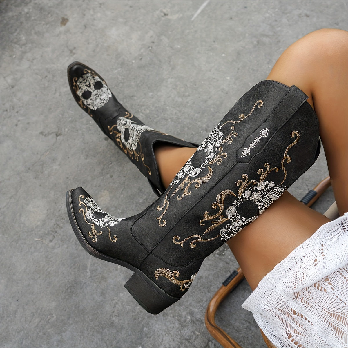 Women's Western Cowboy Boots with Floral Embroidery Black Faux Cover Square Toe