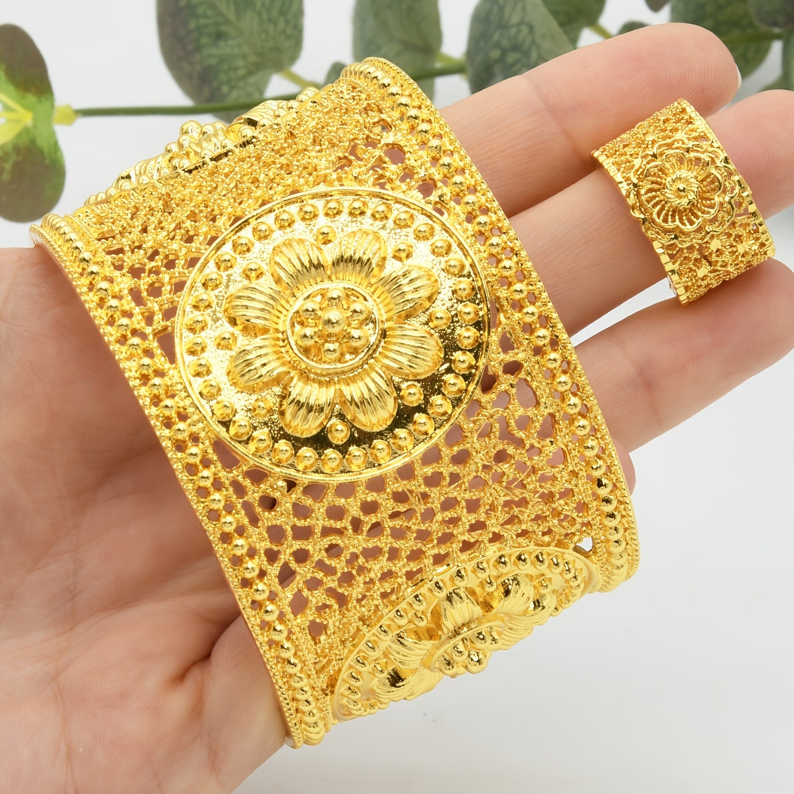 Gold Plated Zinc Alloy Jewelry Set with Adjustable Floral Bangle and Ring for Women