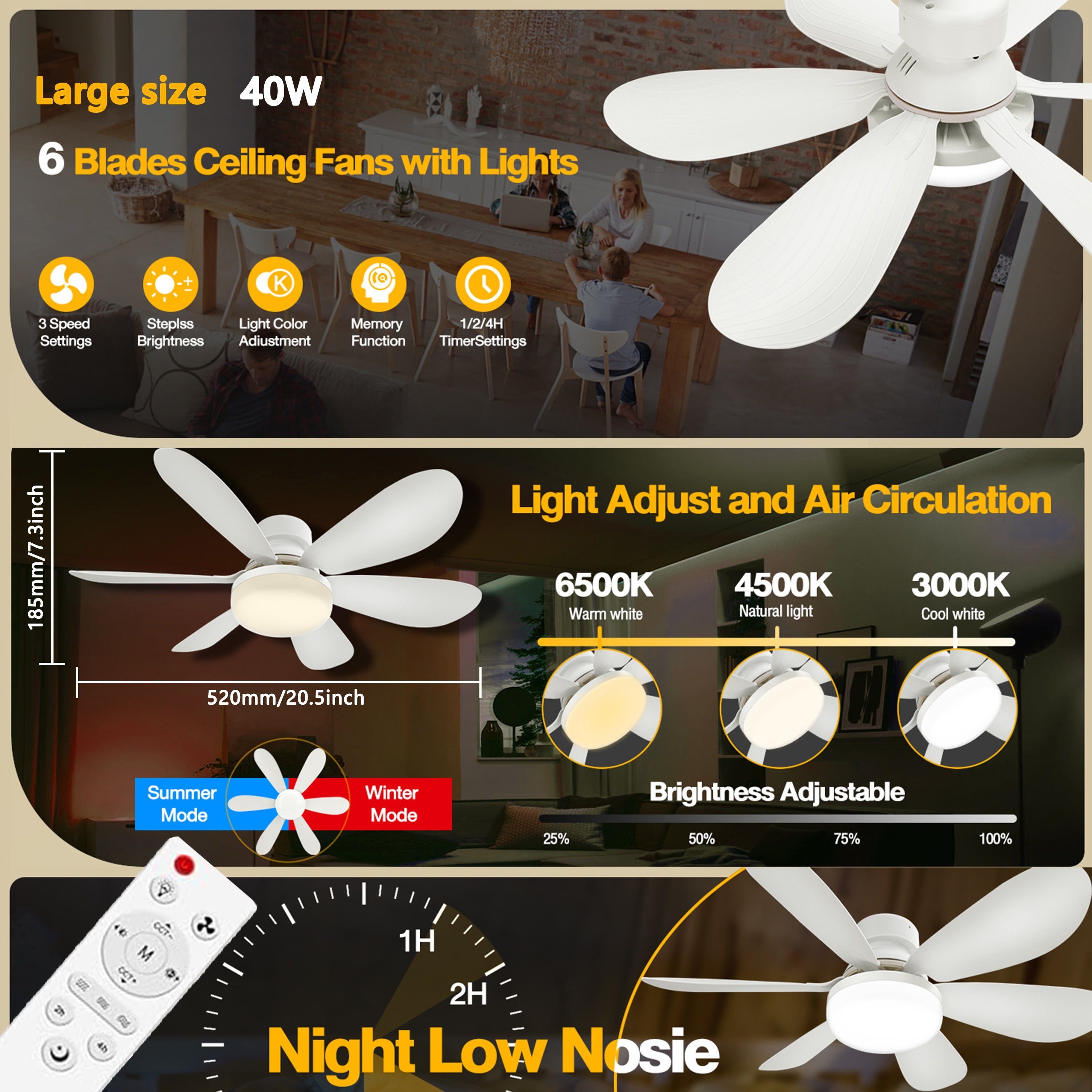 Ceiling Fan with Light 41.91cm 52.07cm 3-Speed 3-Color Dimmable E26/E27 Remote