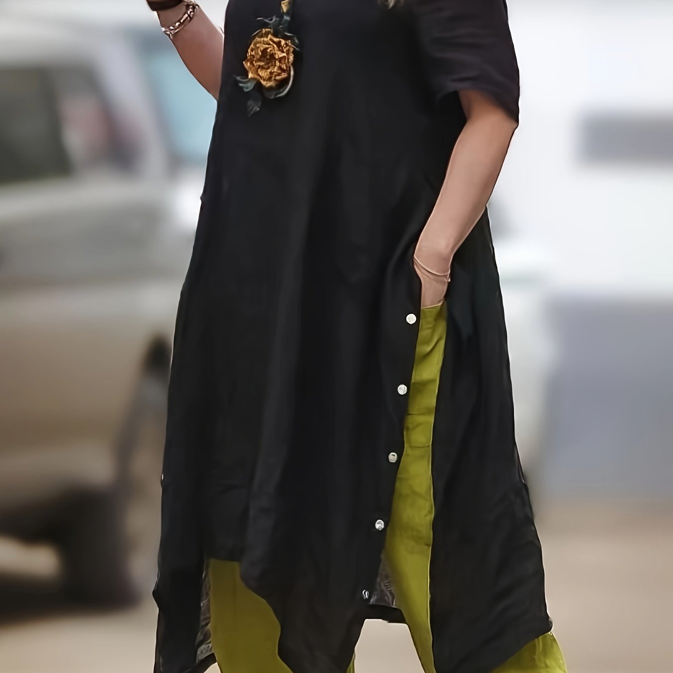 Women's Casual Vacation Top with Irregular Hem Button Accents and Color Block