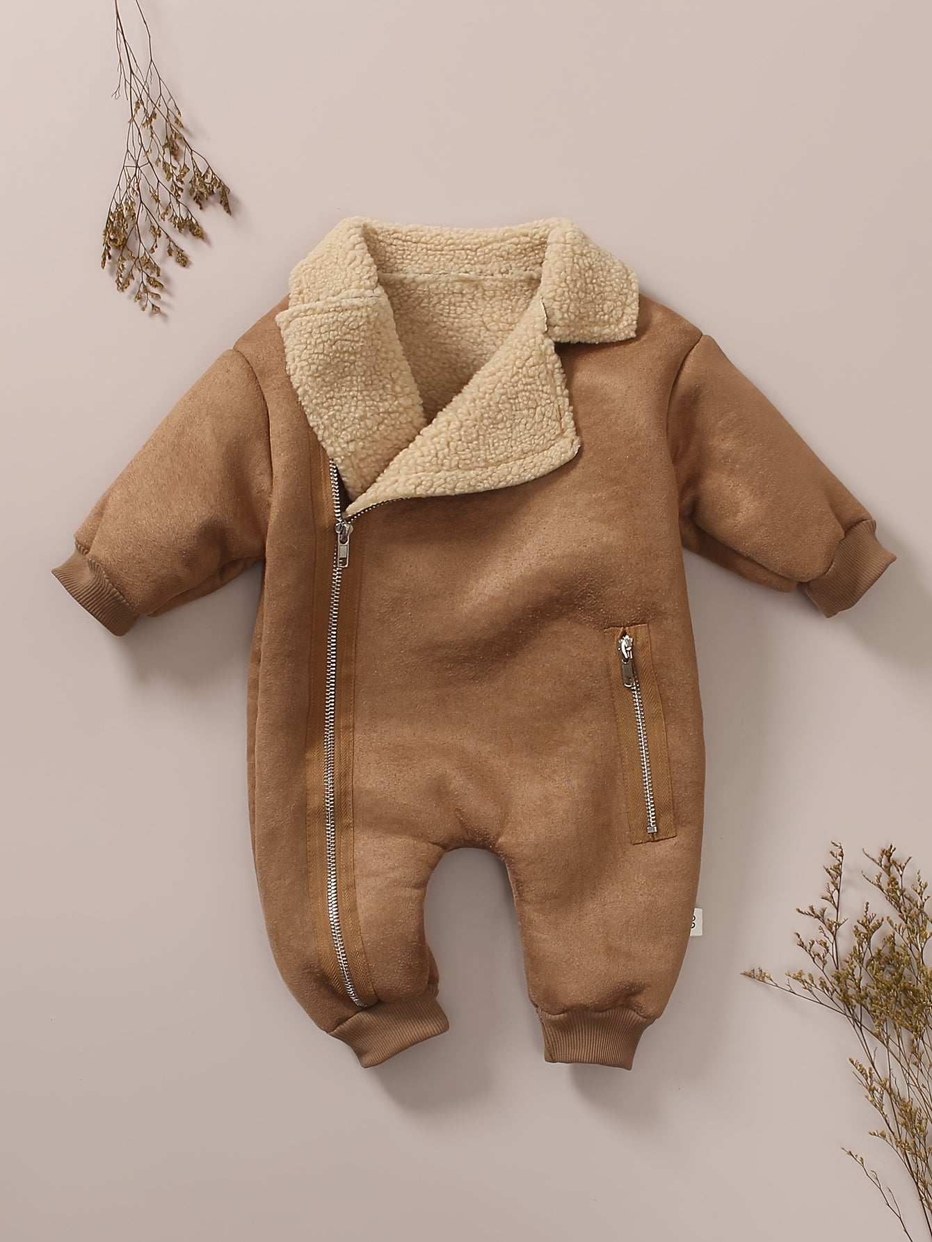 Kids Winter Onesie Fleece-Lined Solid Color Zipper Collar Loose Fit for Boys Girls