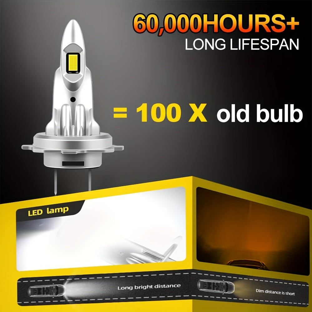 2шт. LED-фары H7 для автомобиля, сверхяркие 30000Лм, 6000K, белый цвет, противотуманные фары