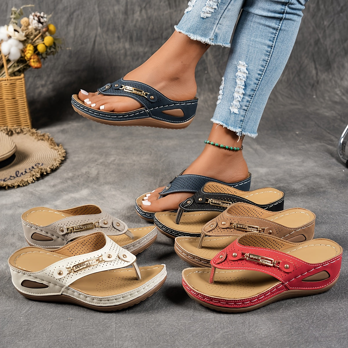 Women's Blue Slide Sandals With Metal Buckle and Cone Heel