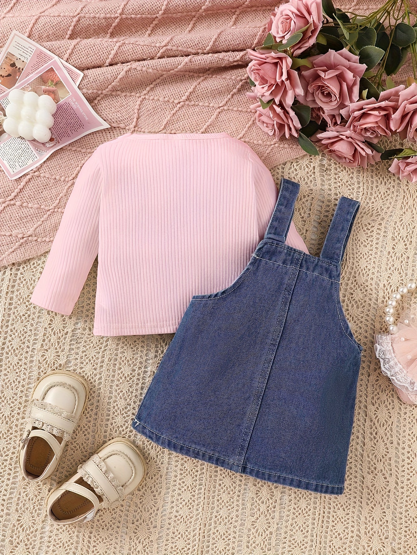 Girls Denim Dress Set with Embroidered Flowers and Long Sleeve Top for Infants