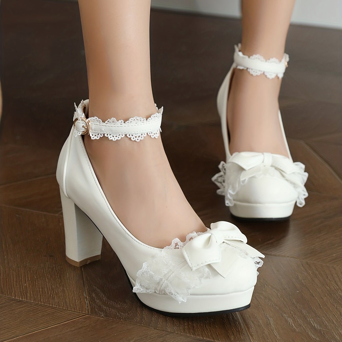 Women's White Lace Mary Jane Heels with Bow, Chunky Block Heel